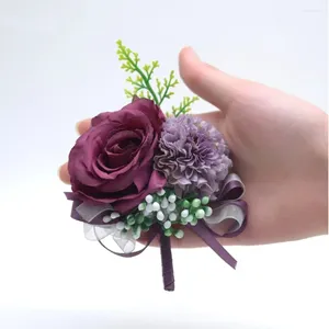 Fleurs décoratives 15 couleurs boutonnière de mariage à la main Rose Corsage épinglette revers bal fête violet