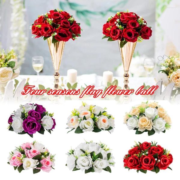 Fleurs décoratives 15 têtes artificielles fausses boules de fleurs en plastique bouquet de roses avec base pour support de pièce maîtresse de mariage décoration de la maison