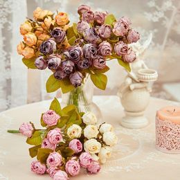 Fleurs décoratives 15 têtes soie artificielle Roses brûlées Bouquet de fête de mariage de noël produits ménagers Vases pour la décoration de la maison