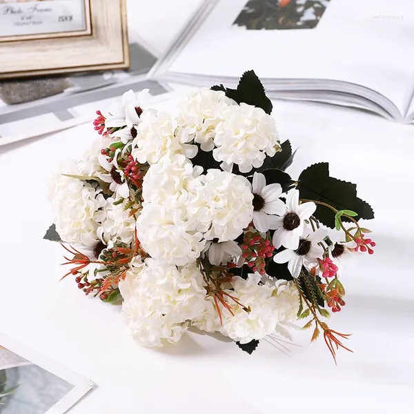 Fleurs décoratives 15 têtes soie hortensia artificielle luxe Bouquet mariage décoration maison Table ciel bleu faux