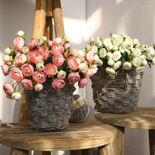 Fleurs décoratives 15 têtes Thé Rose Bouquet Soie Artificielle Maison Décoration De Mariage Fleurs Artificielles Faux Jardin Décor Flores