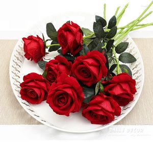 Fleurs décoratives (15 pièces/lot) vente en gros haute Simulation velours Rose qualité artificielle fausse fleur en soie mariage