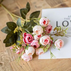 Fleurs décoratives 15 têtes/1 paquet de Roses de thé en soie, Bouquet de mariée pour noël, maison, année de mariage, décoration, fausses plantes artificielles