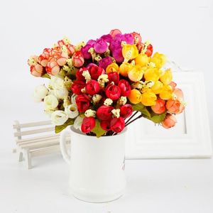 Fleurs décoratives 15 têtes/lot de fleurs artificielles en soie, petit bourgeon de roses, Bouquet de mariée pour mariage, décoration de maison, faux