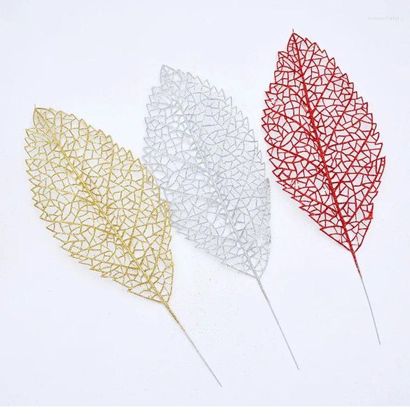 Fleurs décoratives 15 pcs 30 cm pour décoration de Noël feuille en plastique artificiel feuilles de Noël de poussière dorée poudre argent rouge