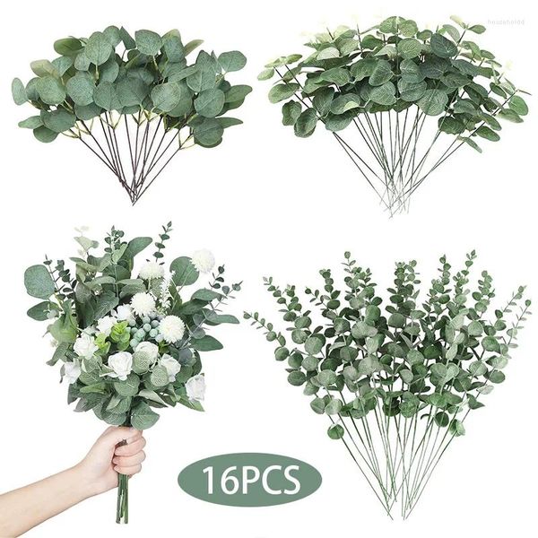 Flores decorativas 16/20PC Hojas de eucalipto artificiales Ramo de boda Vegetación Ramas de flores de dólar de plata para decoración floral de boda DIY