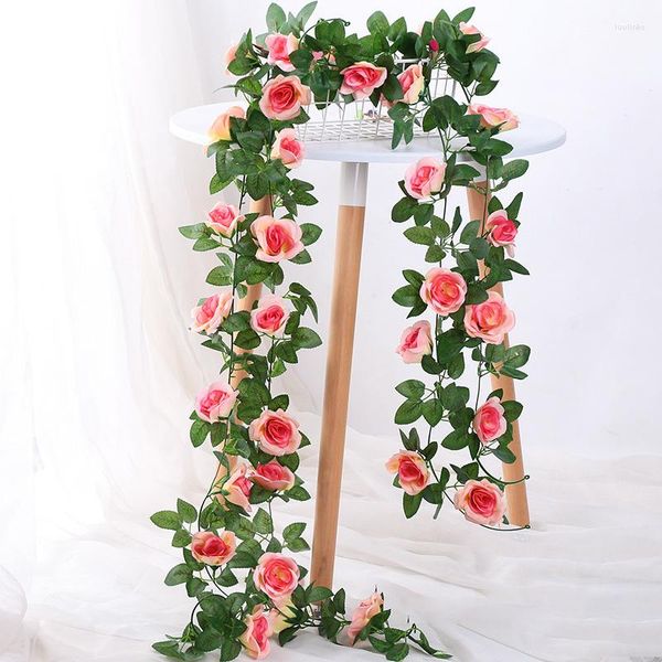 Fleurs décoratives 16 têtes de roses en soie, vigne de lierre avec feuilles vertes pour la maison, décoration de mariage, fausse feuille, guirlande suspendue artificielle