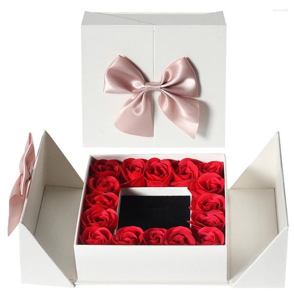 Fleurs décoratives 16 Roses Double porte Proposer Boîte à fleurs saop artificielles avec collier pour les cadeaux de la Saint-Valentin pour la fête des mères