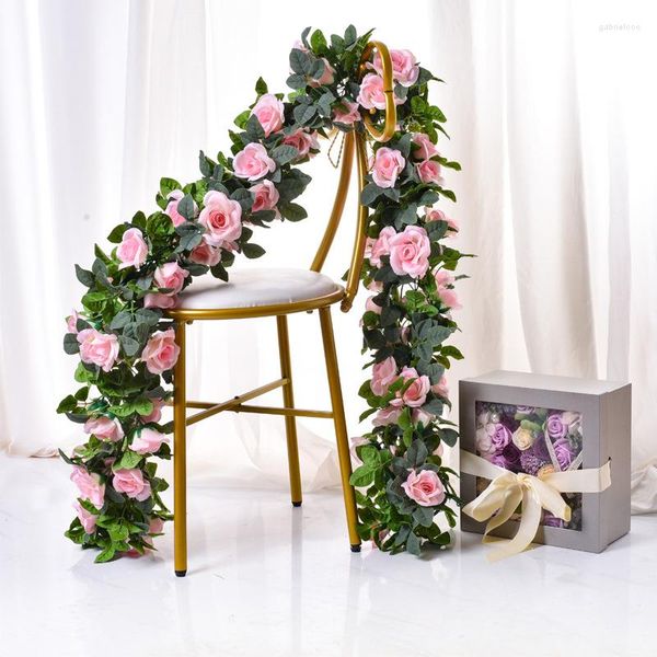 Flores decorativas 16 cabezas simulación rosa flor artificial ratán falso feliz boda decoración tubería de agua decoración del hogar