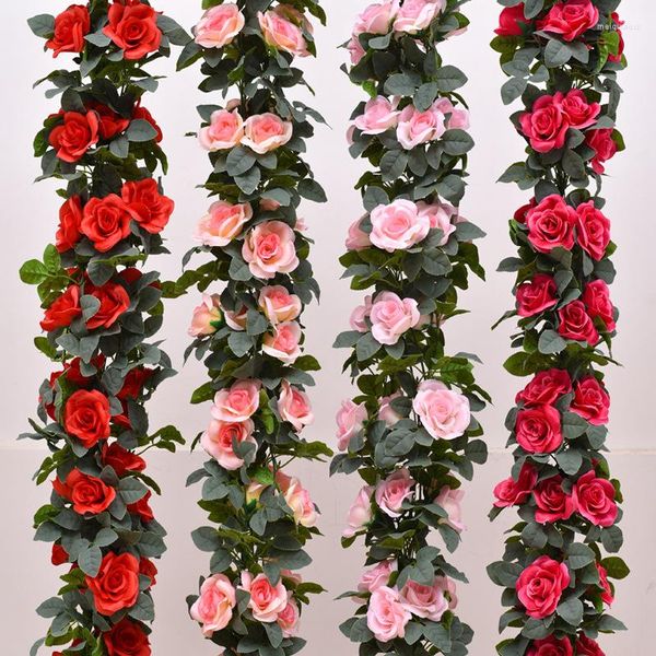 Flores decorativas 16 cabezas simulación Rosa flor ratán boda hogar aire acondicionado tubería de agua escaleras decoración 2,3 m falso