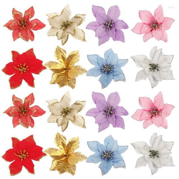 Fleurs décoratives 16Pc Artificielle Poinsettia Décorations De Fleurs De Noël Soie Faux Bloom Baies Arbre Accrocher Ornement Décor