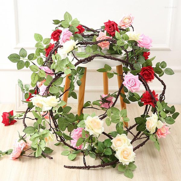 Flores decorativas de 178 cm de largo, rosa artificial, hiedra, vid, decoración de boda, guirnalda de seda de tacto Real con hojas para colgar en el hogar