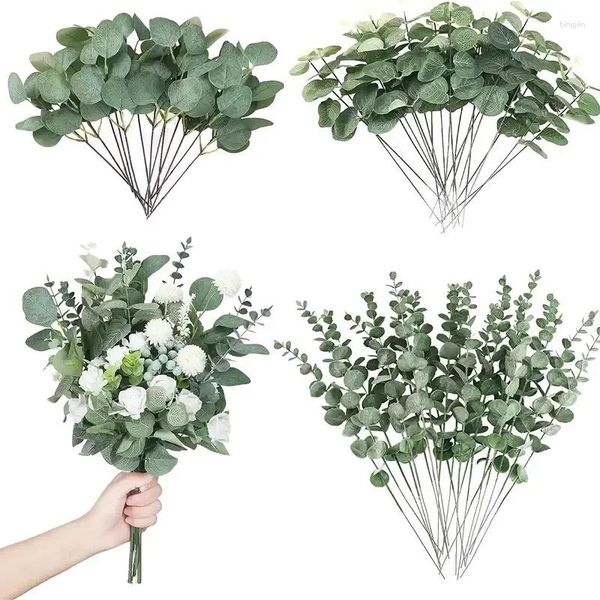 Flores decorativas 18/201/30pcs 3 tipos de tallos de eucalipto artificial hojas ramas de planta de seda para el florero floral de flores de boda