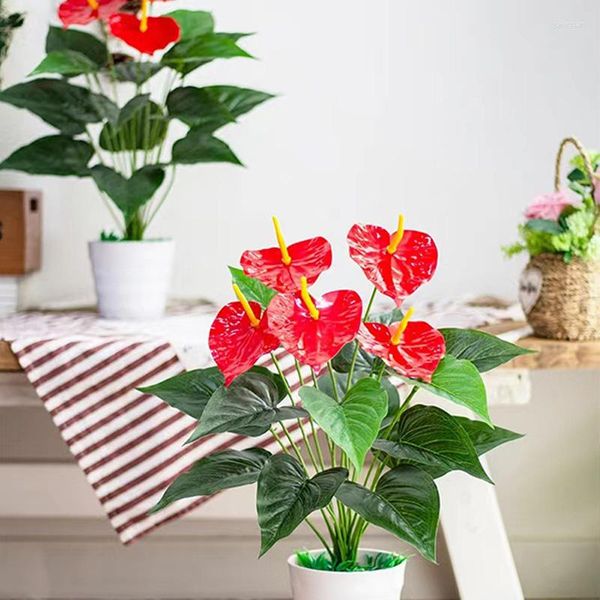 Fleurs décoratives 18 têtes artificielles fausses plantes Anthurium maison jardin décor en plastique fleur bonsaï feuilles vertes