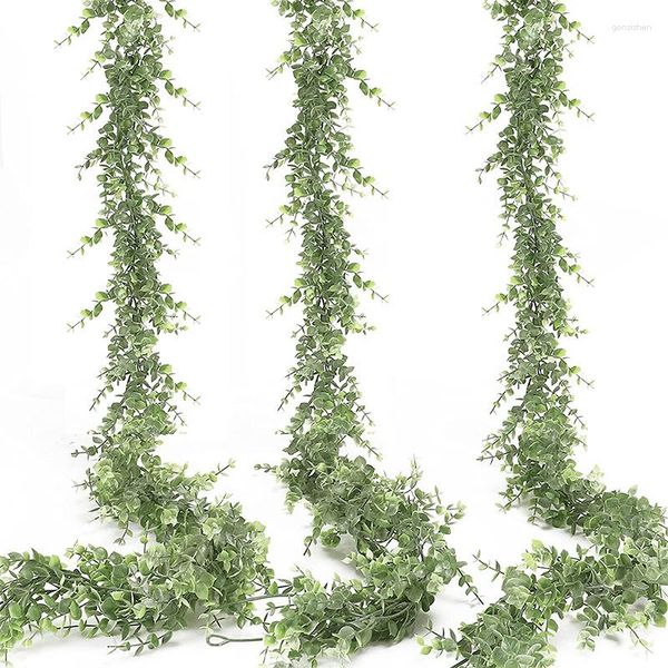 Flores decorativas 180 cm Guirnalda de eucalipto artificial para boda Telón de fondo Arco Decoración colgante de pared Plantas falsas de ratán verde Hogar