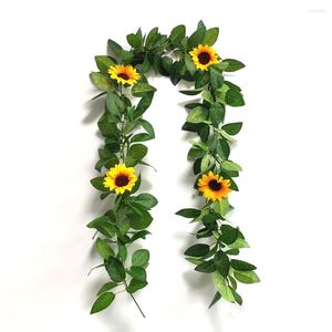 Decoratieve bloemen 180 cm kunstmatige zonnebloem slinger gele bloem met groene bladeren wijnstokken