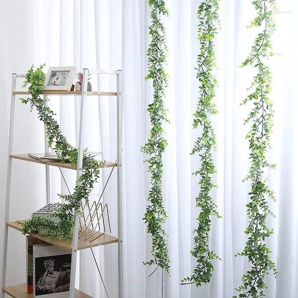 Flores decorativas de 180 cm Rattan verde planta artificial Eucalipto hojas de guirnalda de guirnaldas Casa de la sala de estar Decoración de la pared colgante Falso 1 PC