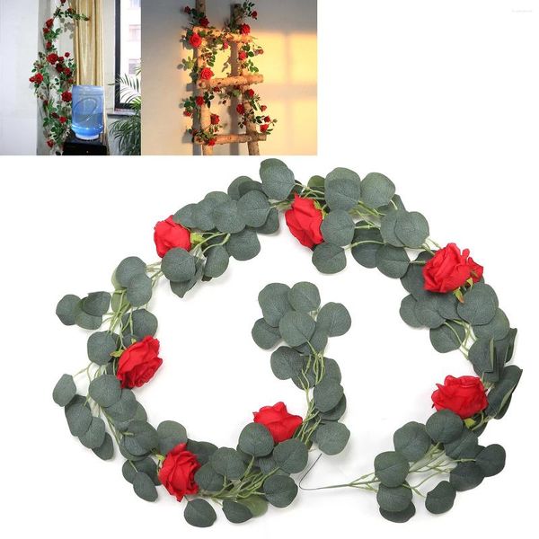 Flores decorativas 185 cm flor artificial vid seda rosa hojas verdes simulación colgante decoración de la boda del hogar