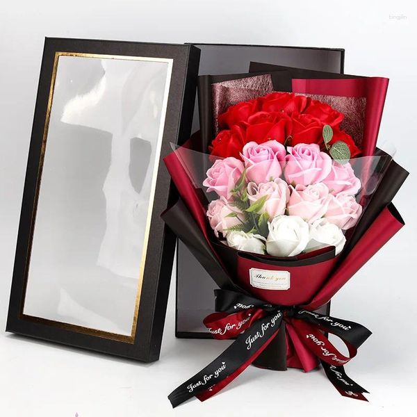 Fleurs décoratives 18 pièces, Bouquet de roses artificielles, sacs cadeaux pour la saint-valentin, anniversaire, mariage, boîte de décoration pour la maison