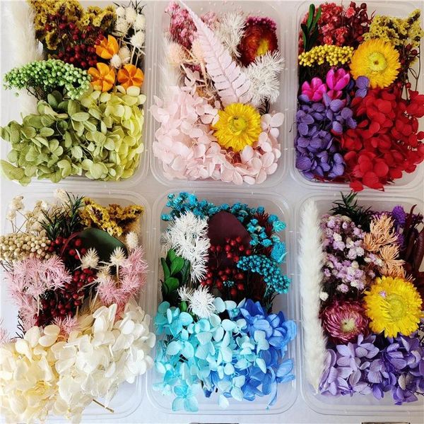 Flores decorativas 1 caja Rellena de resina Decoración seca mixta Arte de uñas Floral Natural Componentes de joyería de moldeo epoxi