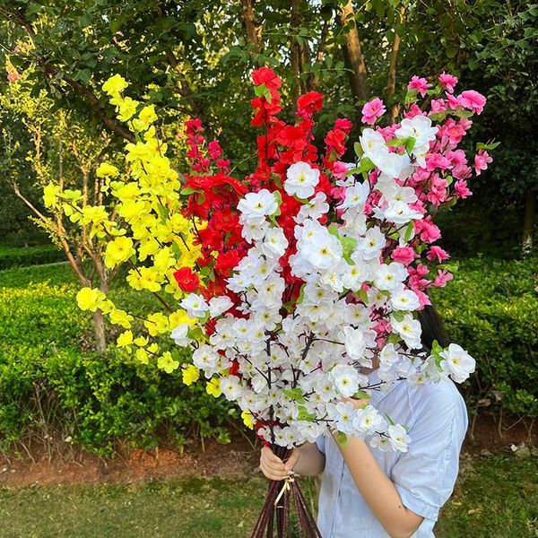 Flores decorativas 1 rama 125 cm flor de melocotón artificial cereza blanco rosa rama de simulación de seda para la decoración del jardín del hogar de la boda