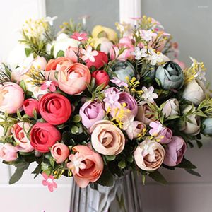 Decoratieve bloemen 1bunch 10heads Artificial Camellia Bouquet Silk Peony Tea Rose met blad voor thuisbasis Decor Bruid Flower Fake