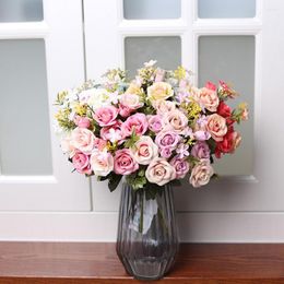Decoratieve bloemen 1bunch 13heads 30 cm kunstmatige rozenbouquet zijden pioenroos voor bruid vasthoudende bloem thuis bruiloft decor nep