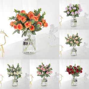 Decoratieve Bloemen 1bos Kunstmatige Rozen Boeket Bruiloft DIY Woondecoratie Bruid Holding Valentijnsdag Geschenken Simulatie