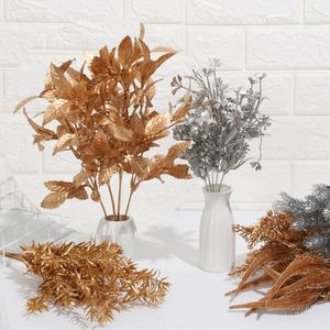 Fleurs décoratives 1Bunch Or Argent Fleur Artificielle Simulation Feuille Fausse Plante Ornement De Noël Couronne Boîte Cadeau Ornement Fête