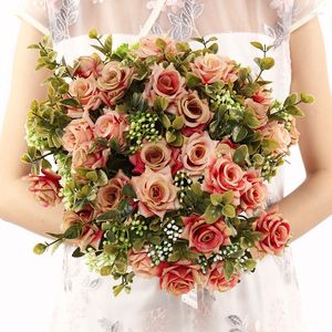 Fleurs décoratives 1 Bouquet Italien Curling Rose Bouquet De Soie Artificielle Mariée Tenant Une Fausse Fleur Pour Le Mariage Home Office Decor Supply