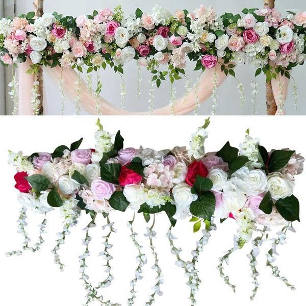 Flores Decorativas 1M Hermoso Panel de Flores Artificiales Realistas Arreglo Camino de Pared Rosa DIY Fiesta de Bodas Decoraciones románticas