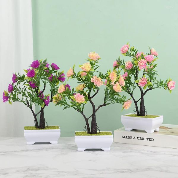 Flores decorativas 1P Plantas Bonsai Árbol de rosas artificiales Planta falsa Flor en maceta para el hogar Decoración de escritorio Arreglos florales Suministros