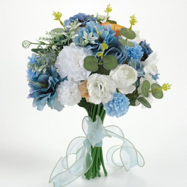 Flores decorativas 1 paquete Paquete de material de cabeza de flor de seda artificial azul blanco Combo para ramos de boda DIY Lanzamiento de ramo de novia