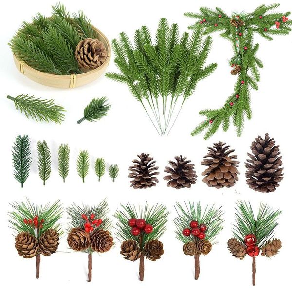 Flores decorativas, 1 paquete de ramas de aguja de cono de pino de Navidad, adornos de árbol de plantas falsas, decoración DIY, arreglo de corona de boda