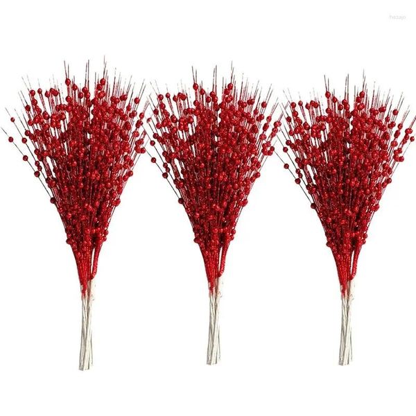 Flores Decorativas 1pc 12tenedores Glitter Berry Deja Decoración del árbol de Navidad Rama Seca Coral Polvo Dorado Flor Fuente Material Año