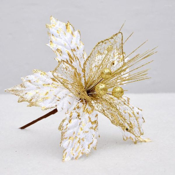 Flores decorativas 1pc 22 cm Gold Gold Rojo Flor de Navidad Artificial Poinsettia Cabeza de Navidad Decoración de árboles Año de origen NAVIDAD