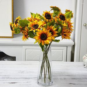 Decoratieve bloemen 1 pk 3 koppen zonnebloemen kunstmatige zijden tak voor huis trouwtafel decoratie lange stengel nep bloemplanten