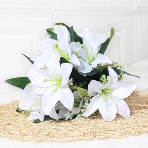 Fleurs décoratives 1pc 7 tête lys blanc bouquet de fleurs artificielles pour salon table réglage faux vase arrangement pièce maîtresse maison