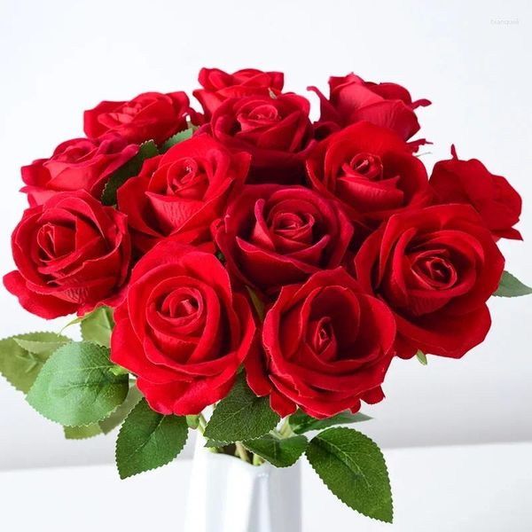 Fleurs décoratives 1PC Bouquet artificiel rouge soie fausse fleur de rose pour mariage maison table décoration noël saint valentin cadeau