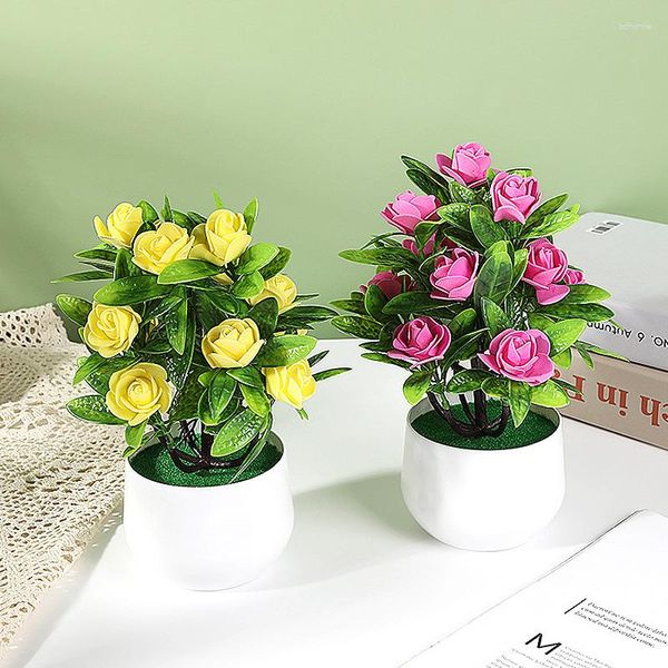 Flores decorativas 1 pieza de flores artificiales bonsái suministros de jardín decoración del hogar planta falsa simulación rosa en maceta de alta calidad