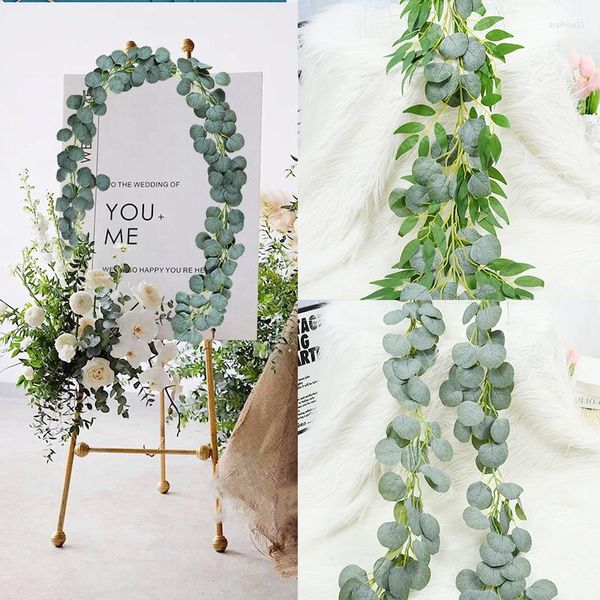 Flores decorativas, 1 pieza, guirnalda de hojas de sauce de eucalipto verde Artificial, vid, boda, vegetación, hogar, fiesta de cumpleaños, mesa, decoración de pared