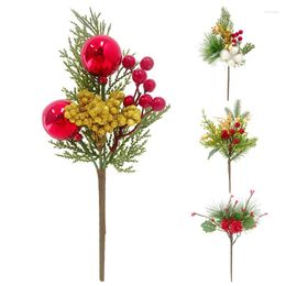 Flores decorativas 1 pieza ramas de pino artificiales flor de baya roja plantas verdes Diy Navidad para vacaciones decoración Floral artesanías