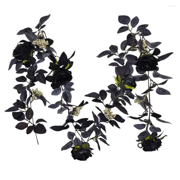 Flores decorativas 1 PC Planta Artificial Vine Halloween Flor negra Rose Garland colgando para boda de la chimenea de Acción de Gracias