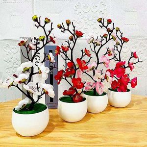 Decoratieve bloemen 1 pc kunstmatige pruimenbloesem planten pot tuin thuiskantoor decoratie nep diy krans benodigdheden