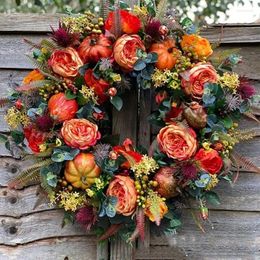 Decoratieve bloemen 1 van Big Flower Large Pumpkin Herfst krans voor voordeurdecoratie Thanksgiving Gift Home Garland