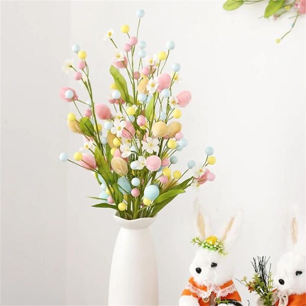 Fleurs décoratives 1 pièce branche d'arbre d'œuf de pâques peinture colorée fleur en mousse fausse plante décoration joyeuse fête d'anniversaire décor de Vase à la maison