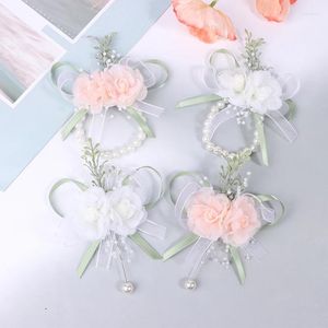 Decoratieve bloemen 1 stc meisjes bruidsmeisje pols corsage bruids prom feest boutonniere rose parel armband stof hand bruiloft accessoires