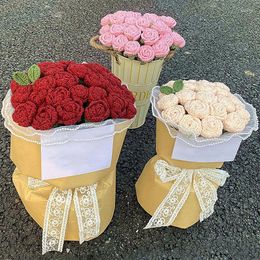 Fleurs décoratives 1pc tricoté rose fleur crochet tissé bouquet fête de mariage saint valentin maison table décor tricot à la main cadeau