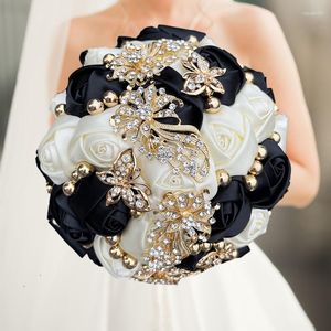 Decoratieve bloemen 1 stc/veel zwart en crème kunstmatige boeketten diamant kristalhuwelijk huwelijksboeket rozenbruid