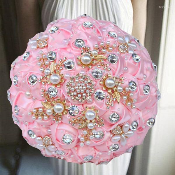 Fleurs décoratives 1 pc/lot Bouquets de mariée ruban rose avec diamant pour la décoration de mariage